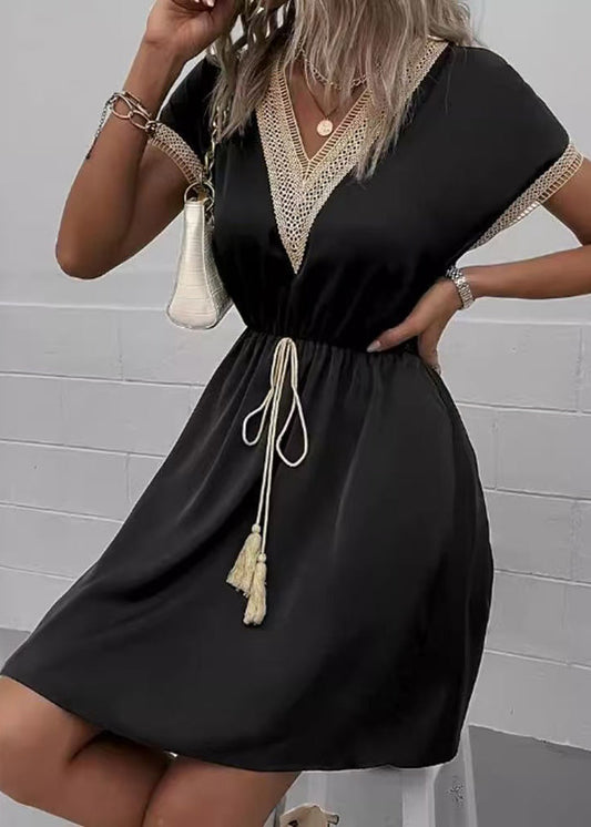 Dress Patchwork V Lace Waist Summer Tie Black Neck