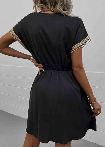 Dress Patchwork V Lace Waist Summer Tie Black Neck