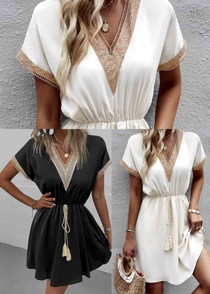 Dress Patchwork V Lace Waist Summer Tie Black Neck