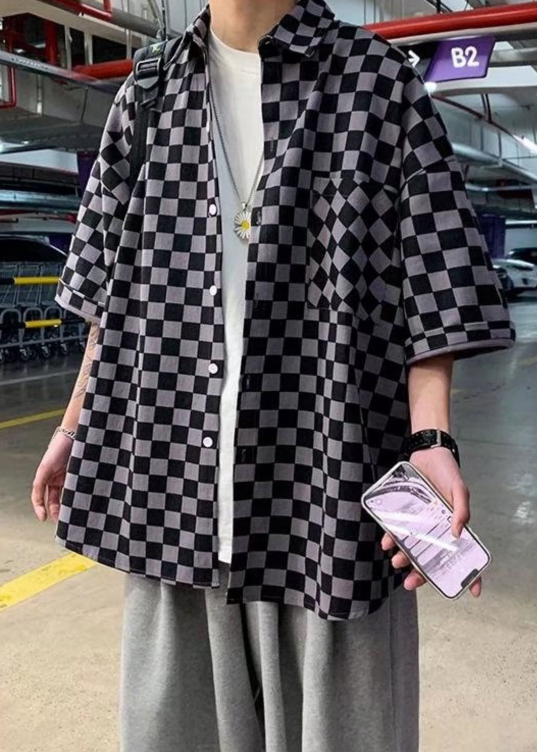 Half Plaid Men Peter Cotton Button Black Collar Shirts Pan Sleeve