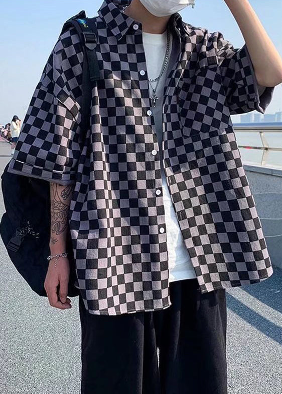 Half Plaid Men Peter Cotton Button Black Collar Shirts Pan Sleeve