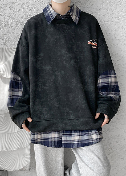 Black Fleece Collar Warm Peter Sweatshirt Men Pan Plaid Patchwork