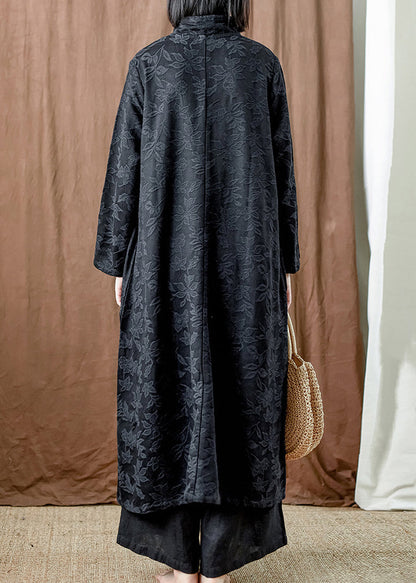 Black Pockets Cotton Long Dresses Stand Collar Fall MN064