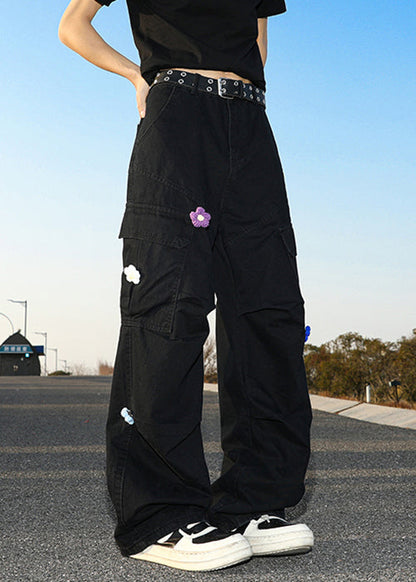 Pants Waist Pockets Cotton Summer High Men Black
