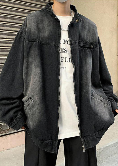Pockets Stand Fall Coats Black Mens Collar Denim