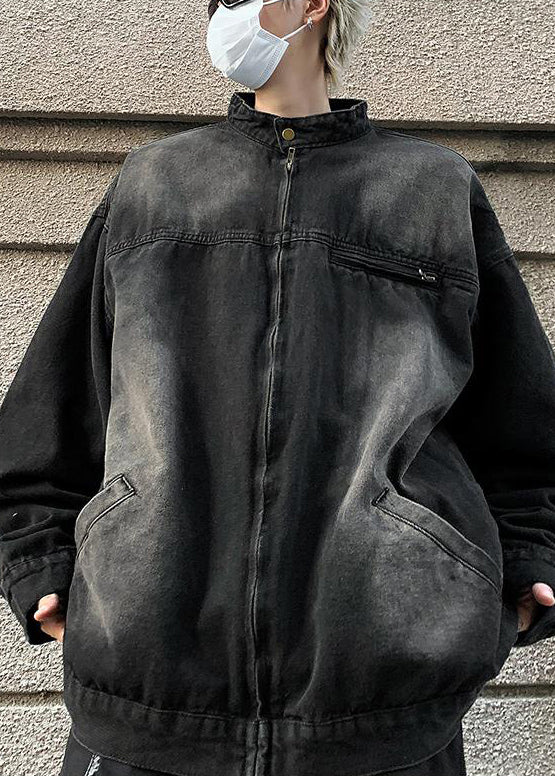 Pockets Stand Fall Coats Black Mens Collar Denim