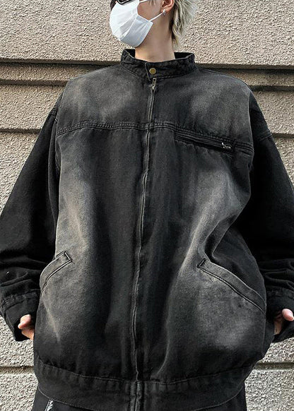 Pockets Stand Fall Coats Black Mens Collar Denim