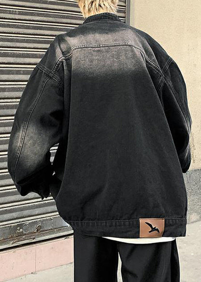 Pockets Stand Fall Coats Black Mens Collar Denim