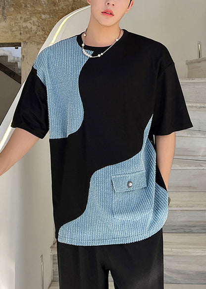 Black Neck Men Denim T O Pockets Patchwork Shirt Summer