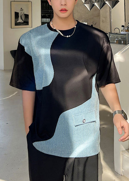 Black Neck Men Denim T O Pockets Patchwork Shirt Summer