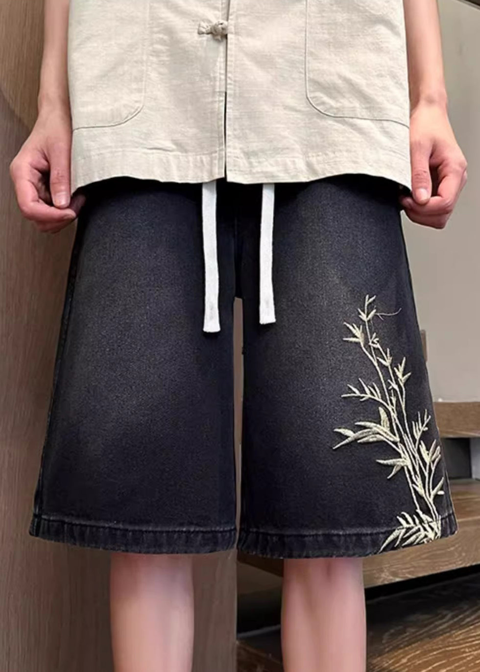 Mens Denim Elastic Waist Shorts Embroideried Pockets Black Summer
