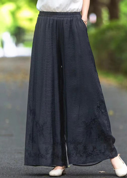 Silk Pockets Elastic Black Summer Embroidered Waist Pants