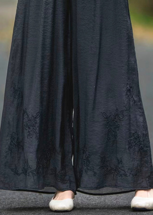 Silk Pockets Elastic Black Summer Embroidered Waist Pants
