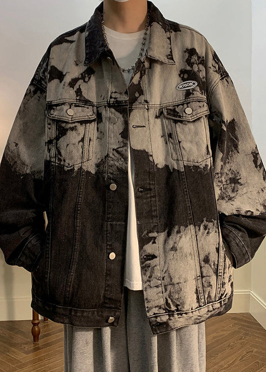 Denim Collar Loose Men Pan Peter Black Coat Pockets Fall