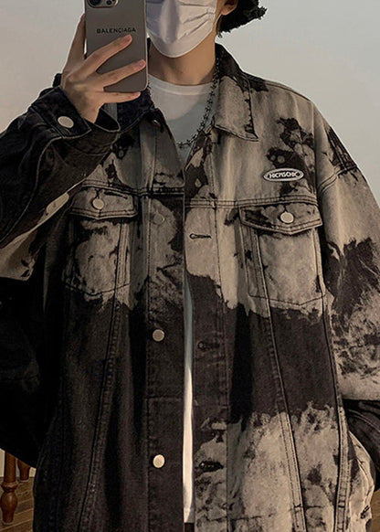 Denim Collar Loose Men Pan Peter Black Coat Pockets Fall