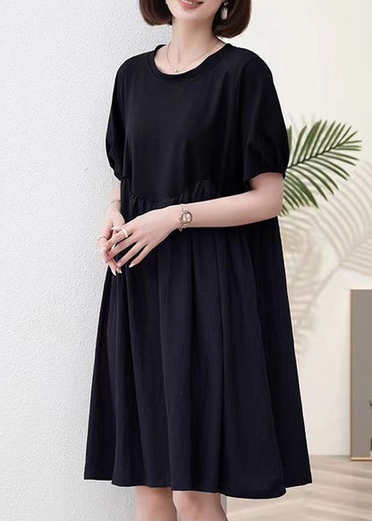 Black Pockets Patchwork Cotton Dresses O Neck Summer MN061