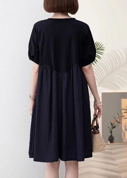 Black Pockets Patchwork Cotton Dresses O Neck Summer MN061