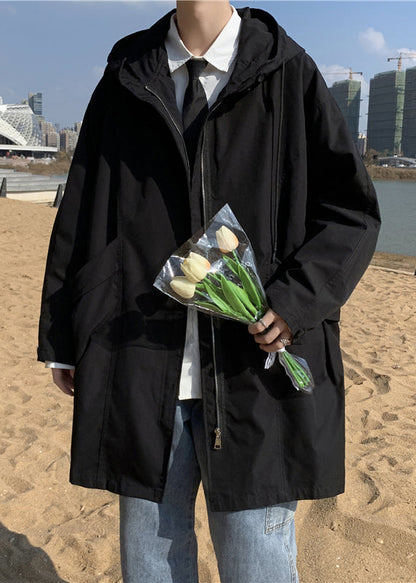Black Pockets Solid Cotton Men Coat Hooded Spring YQ016