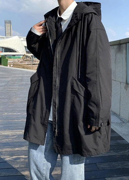 Black Pockets Solid Cotton Men Coat Hooded Spring YQ016