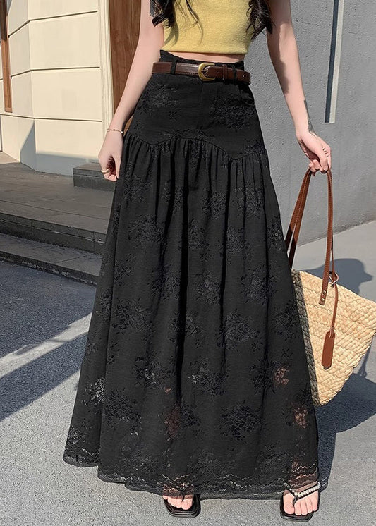 Lace High Summer Waist Pockets Black Skirts Wrinkled