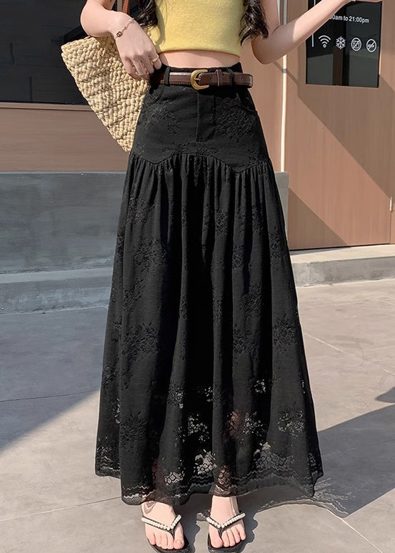 Lace High Summer Waist Pockets Black Skirts Wrinkled