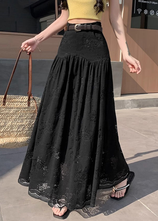 Lace High Summer Waist Pockets Black Skirts Wrinkled