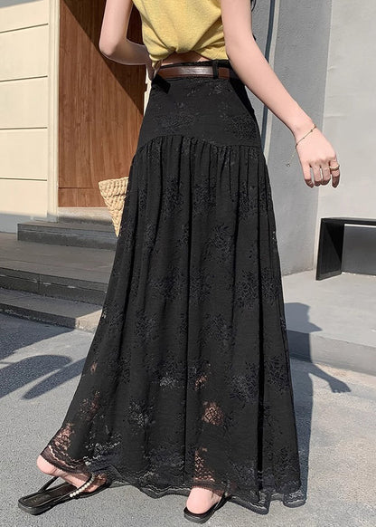 Lace High Summer Waist Pockets Black Skirts Wrinkled