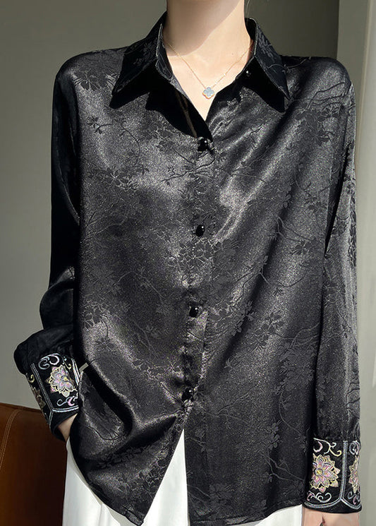 Pan Peter Shirt Button Silk Collar Black Print Fall