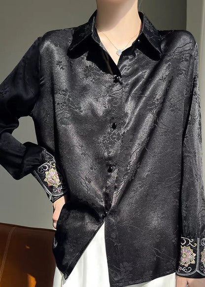 Pan Peter Shirt Button Silk Collar Black Print Fall