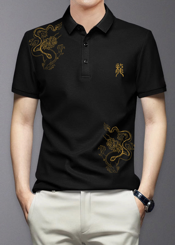 Black Button Cotton Shirt Polo Print Summer Men Fit Slim