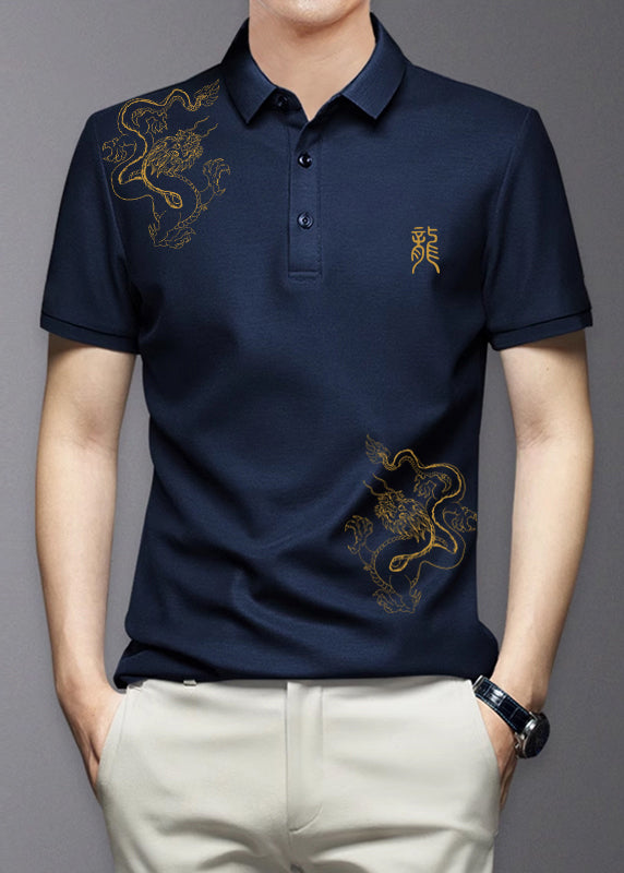Black Button Cotton Shirt Polo Print Summer Men Fit Slim
