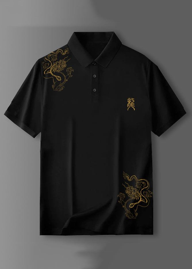 Black Button Cotton Shirt Polo Print Summer Men Fit Slim