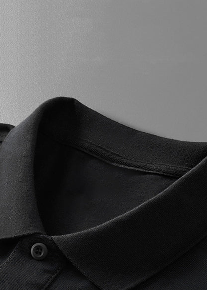 Black Button Cotton Shirt Polo Print Summer Men Fit Slim