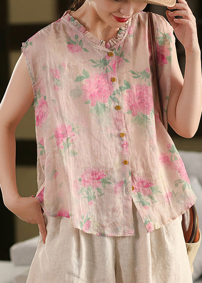 Sleeveless Linen Ruffled Beach Black Vest Print