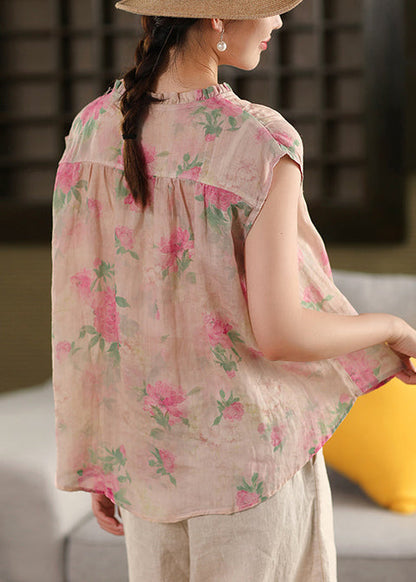 Sleeveless Linen Ruffled Beach Black Vest Print