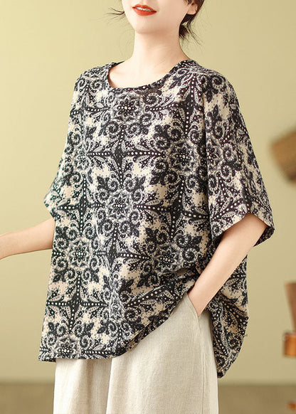 Black Print Loose Cotton Top O Neck Short Sleeve AP088