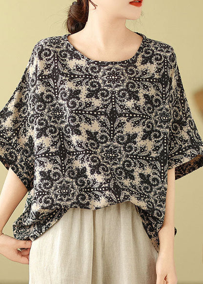 Black Print Loose Cotton Top O Neck Short Sleeve AP088