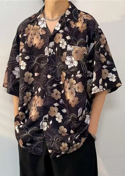 Cotton Print Pan Peter Black Half Collar Mens Pockets Shirts