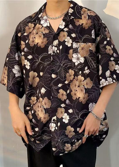 Cotton Print Pan Peter Black Half Collar Mens Pockets Shirts