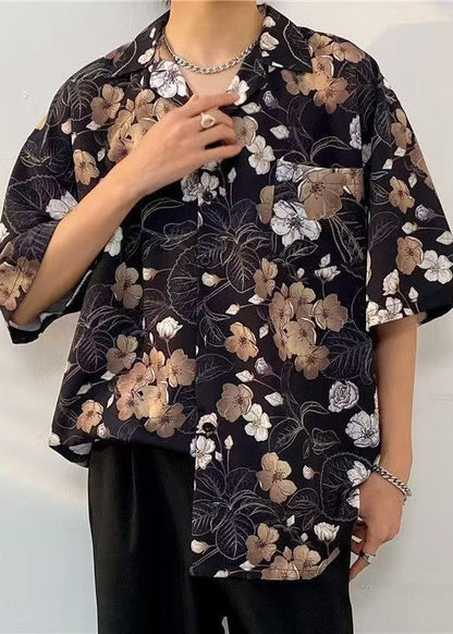 Cotton Print Pan Peter Black Half Collar Mens Pockets Shirts