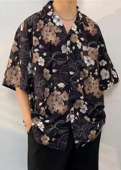 Cotton Print Pan Peter Black Half Collar Mens Pockets Shirts