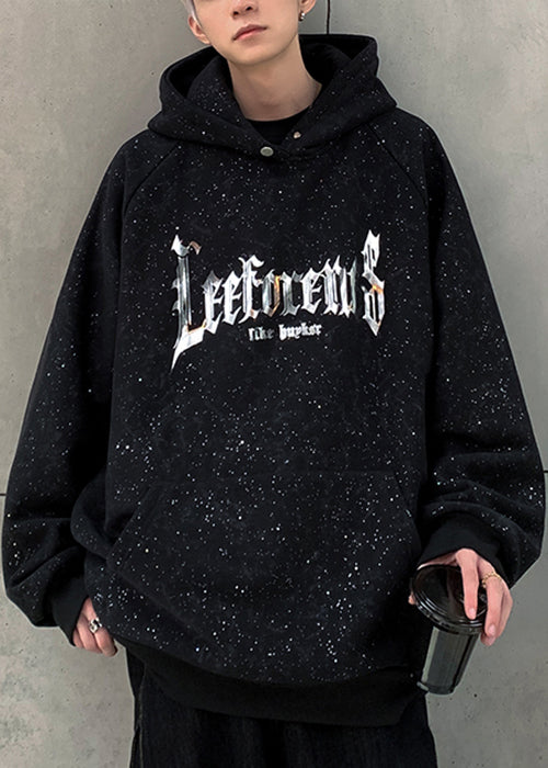 Cotton Pockets Spring Men Sequins Black Sweatshirt Hooded Print