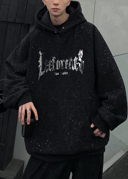 Cotton Pockets Spring Men Sequins Black Sweatshirt Hooded Print