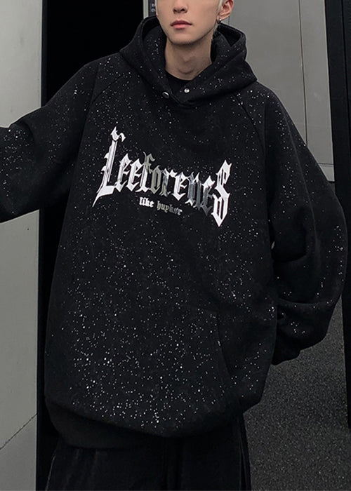 Cotton Pockets Spring Men Sequins Black Sweatshirt Hooded Print