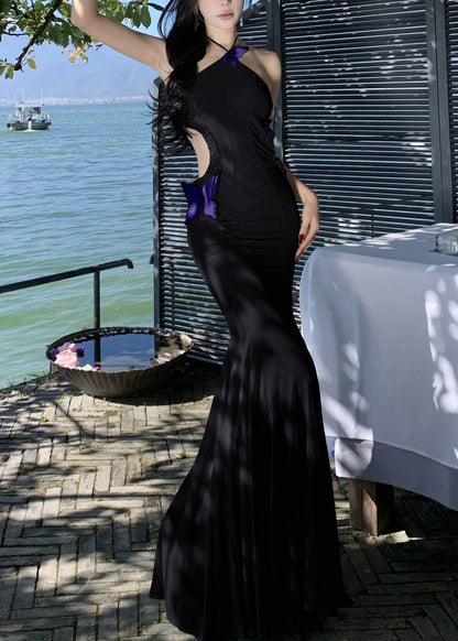 Black Long Butterfly Out Hollow Ruffled Sleeveless Tulle Dresses