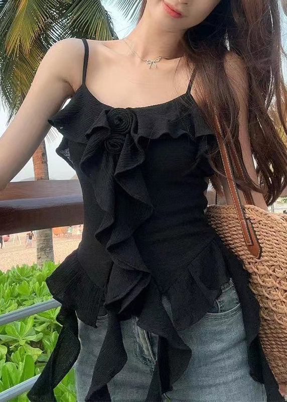 Black Ruffled Cotton Spaghetti Strap Tank Asymmetrical Summer EE1053