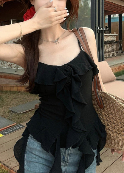 Black Ruffled Cotton Spaghetti Strap Tank Asymmetrical Summer EE1053