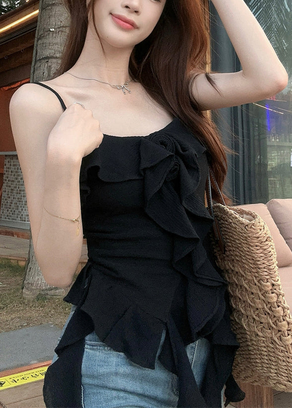 Black Ruffled Cotton Spaghetti Strap Tank Asymmetrical Summer EE1053