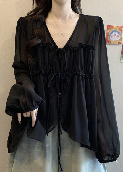 Chiffon Neck V Lace Up Ruffled Blouses Black Fall