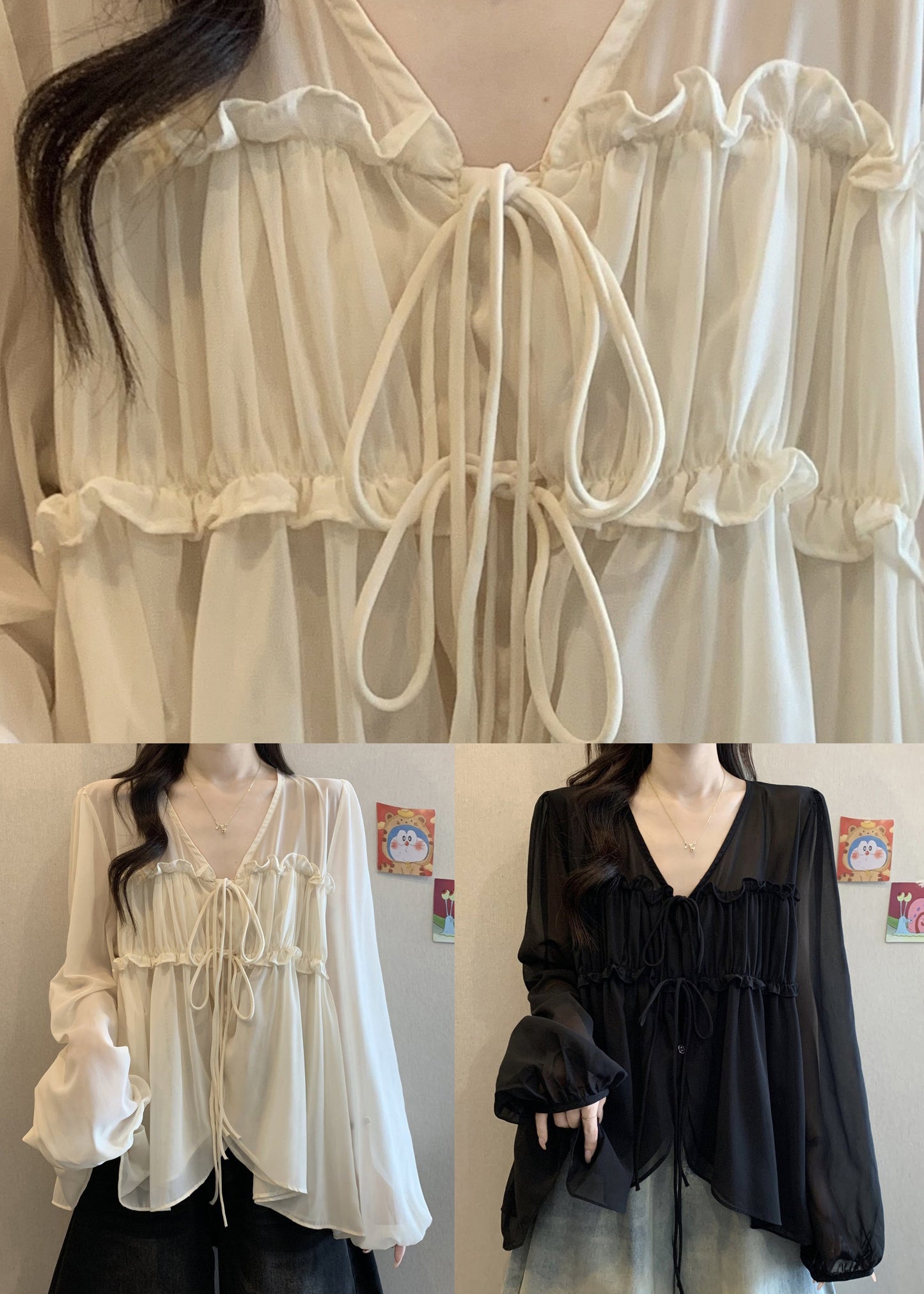 Chiffon Neck V Lace Up Ruffled Blouses Black Fall